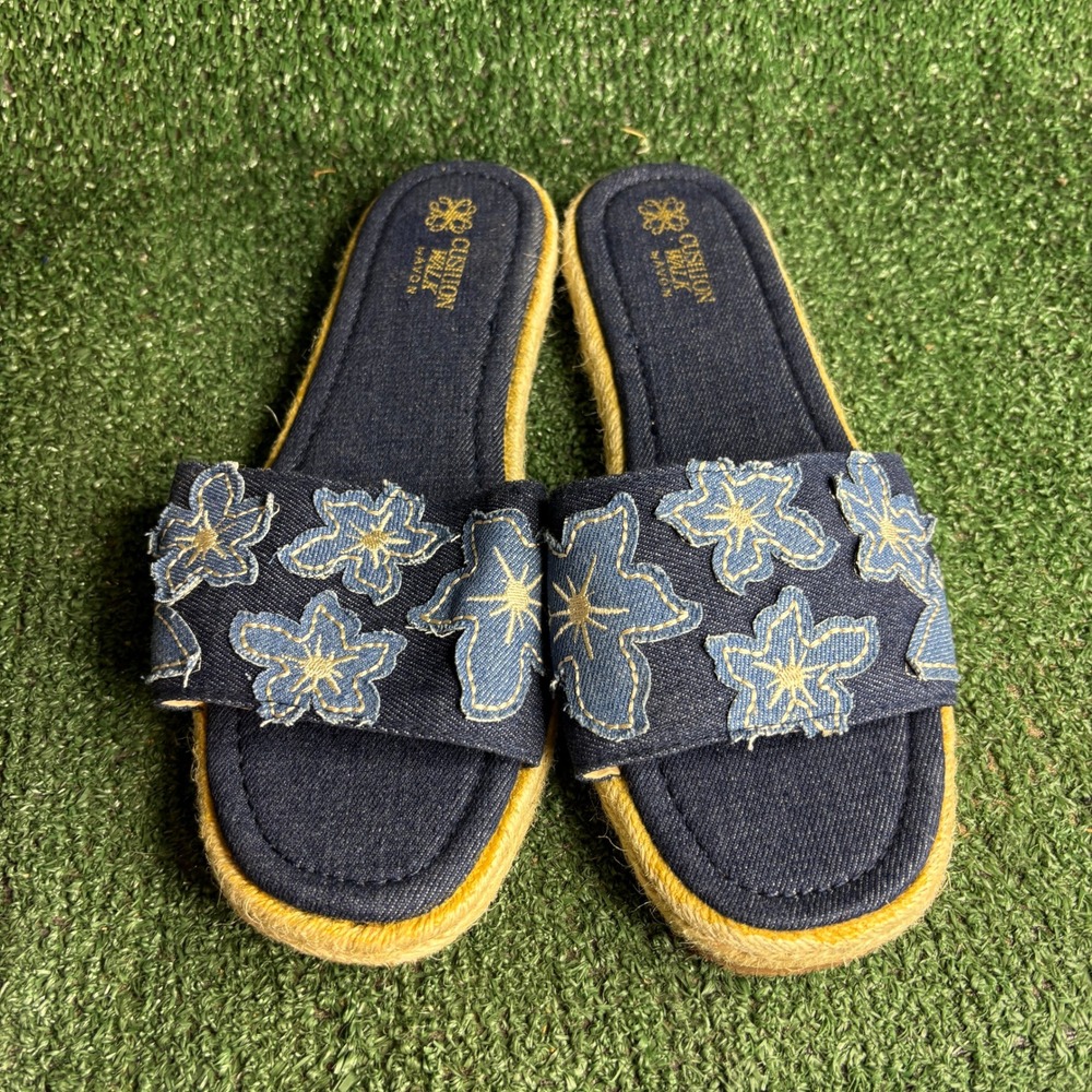 NEW Cushion Walk by Avon Denim Floral Espadrille Slide Sandal Blue Women Size 10